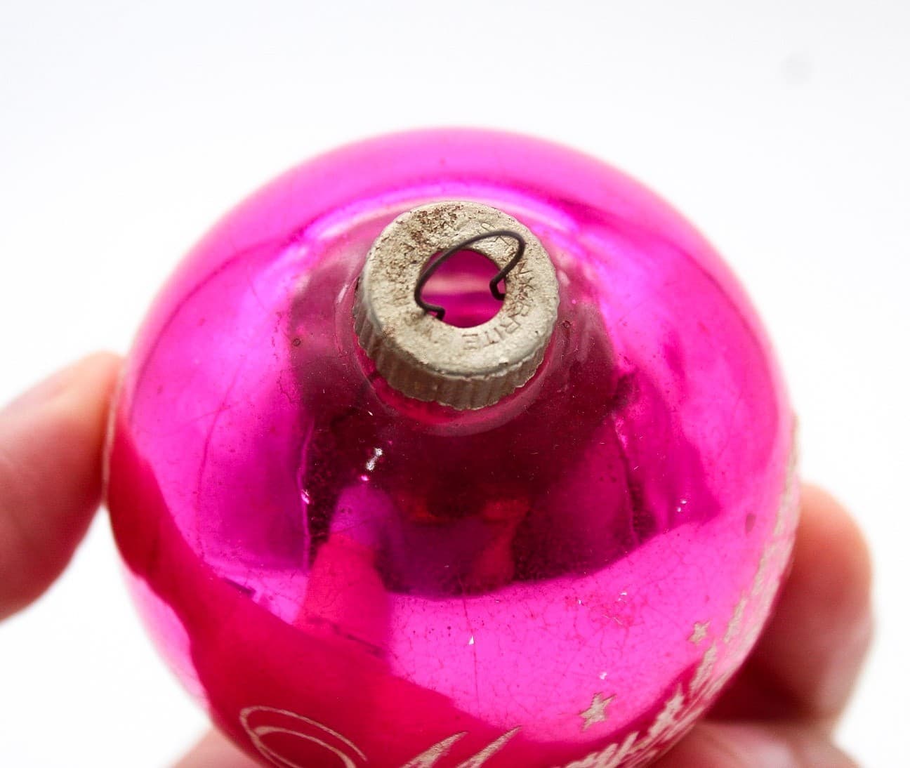 Vintage Shiny Brite Pink Merry Christmas Stencil Mercury Glass Ornament - Thumbnail 4