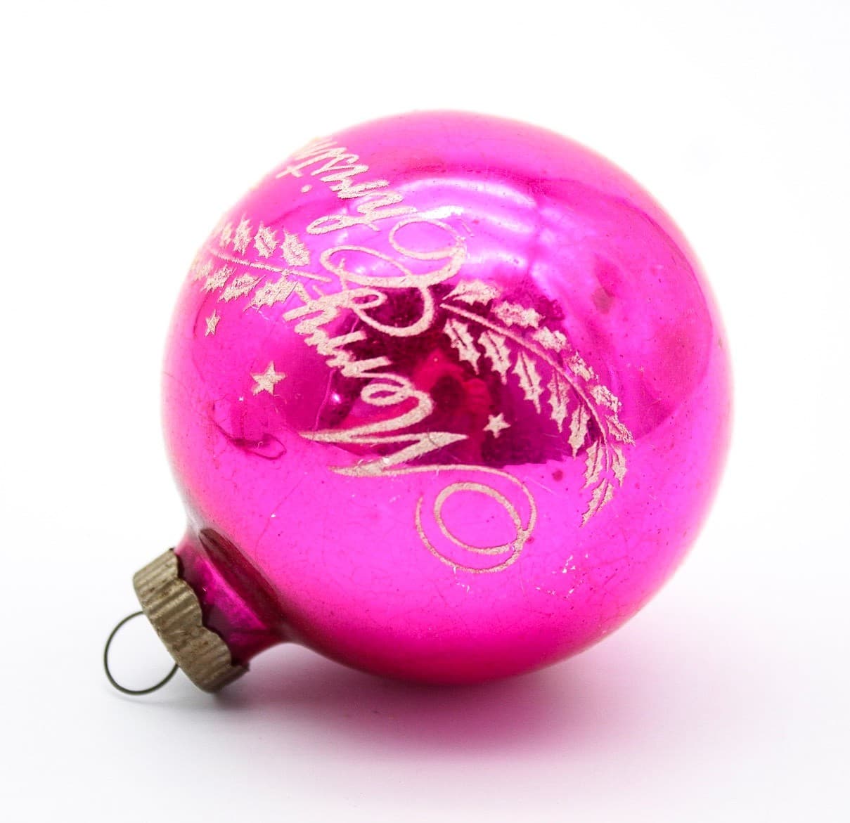 Vintage Shiny Brite Pink Merry Christmas Stencil Mercury Glass Ornament - Thumbnail 6