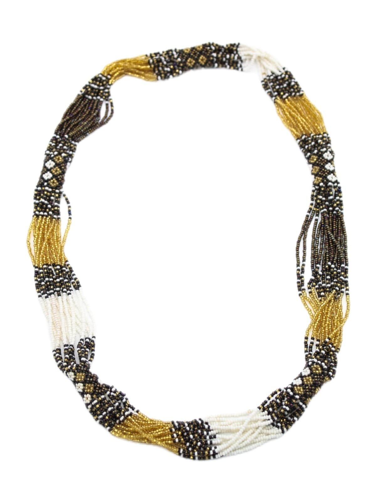 Vintage Multi-Strand Tribal Black Gold White Micro Beaded Glass Necklace - Image 1