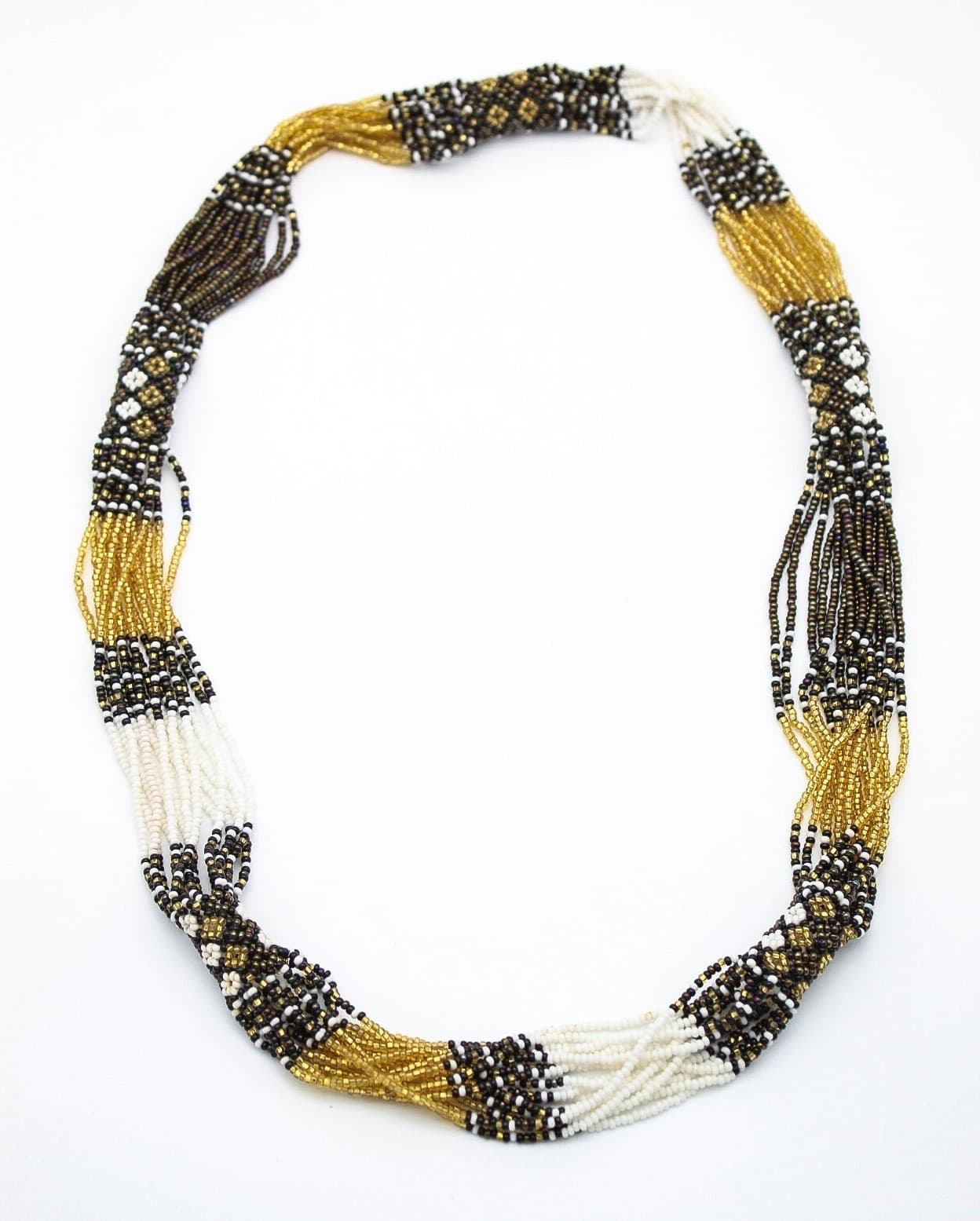 Vintage Multi-Strand Tribal Black Gold White Micro Beaded Glass Necklace - Thumbnail 2