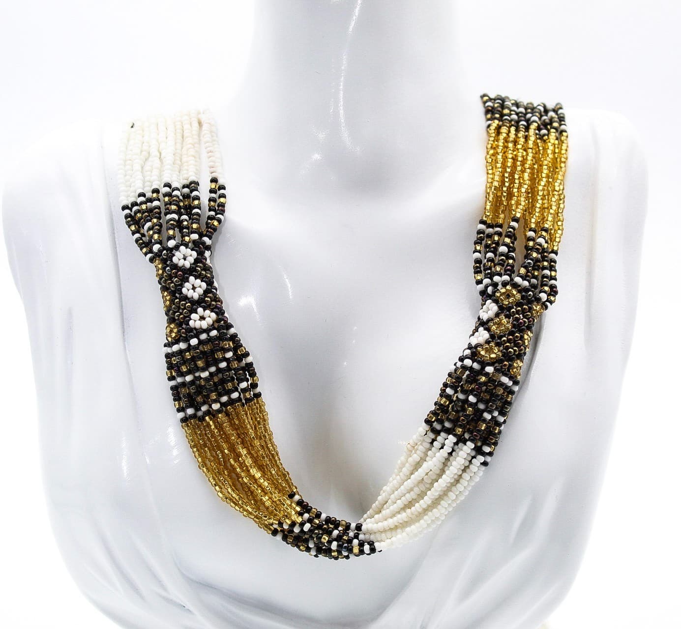 Vintage Multi-Strand Tribal Black Gold White Micro Beaded Glass Necklace - Thumbnail 9
