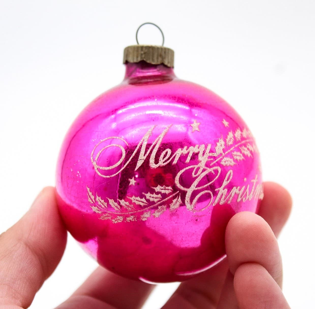 Vintage Shiny Brite Pink Merry Christmas Stencil Mercury Glass Ornament - Thumbnail 3