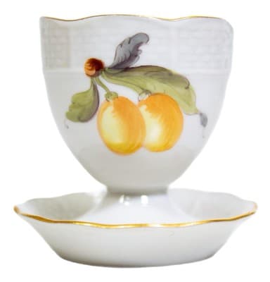 HEREND HUNGARY White Porcelain Gold Trim Fruit & Animal Design Egg Cup - Image 1