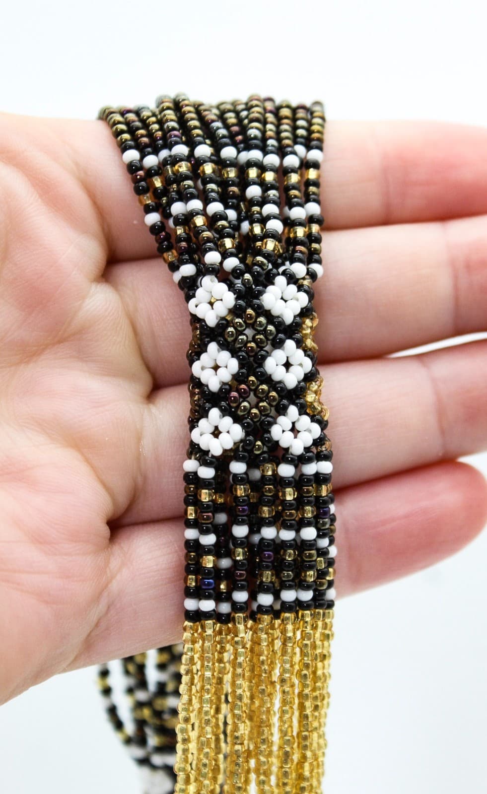 Vintage Multi-Strand Tribal Black Gold White Micro Beaded Glass Necklace - Thumbnail 8