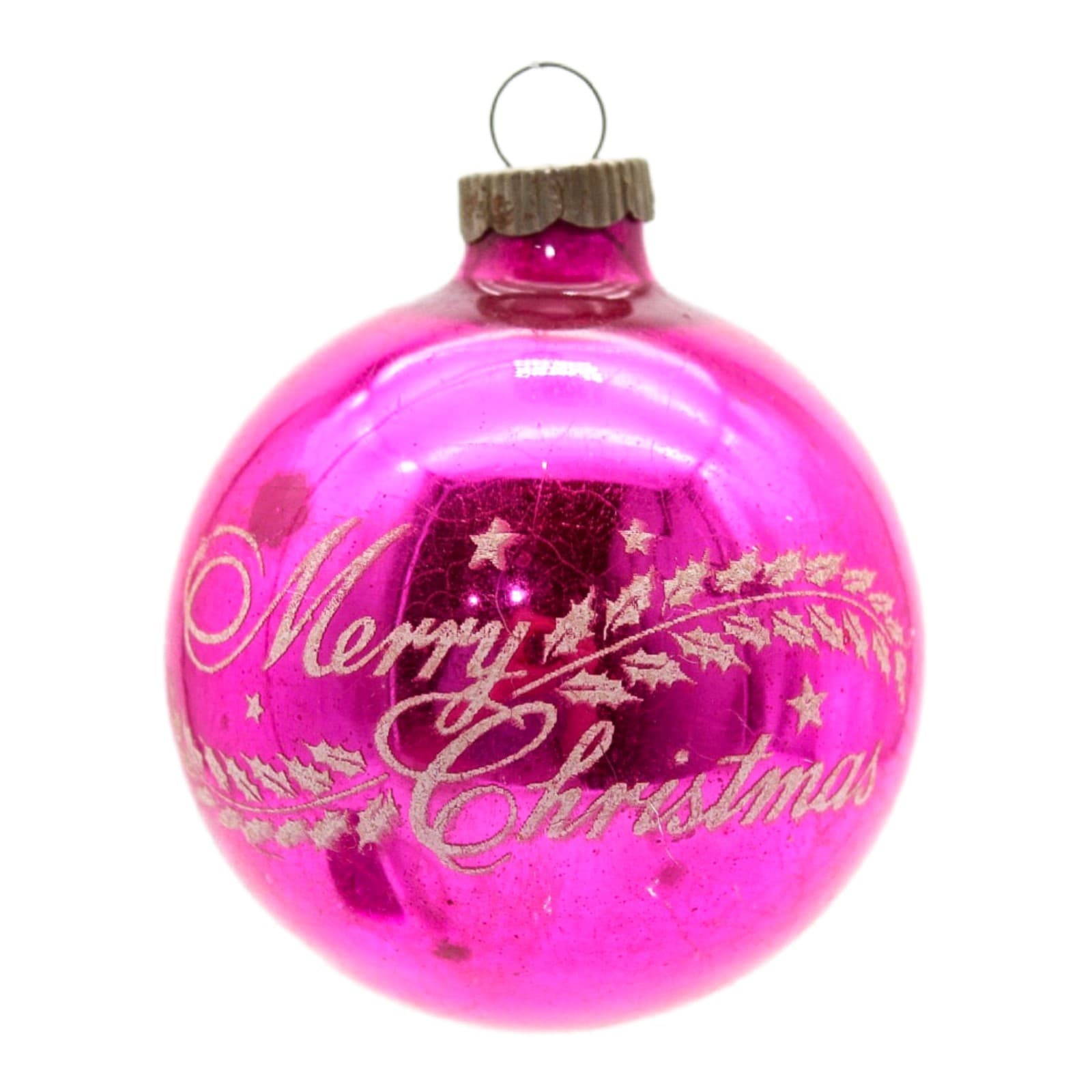 Vintage Shiny Brite Pink Merry Christmas Stencil Mercury Glass Ornament
