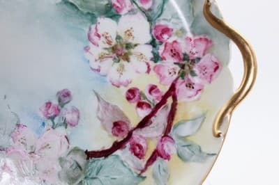 Antique Hand Painted LIMOGES France Pink Floral Gilt Handles Serving Dish - Thumbnail 5