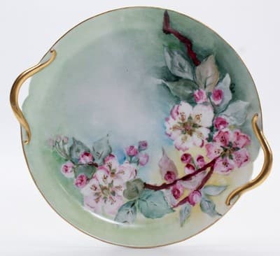 Antique Hand Painted LIMOGES France Pink Floral Gilt Handles Serving Dish - Thumbnail 8