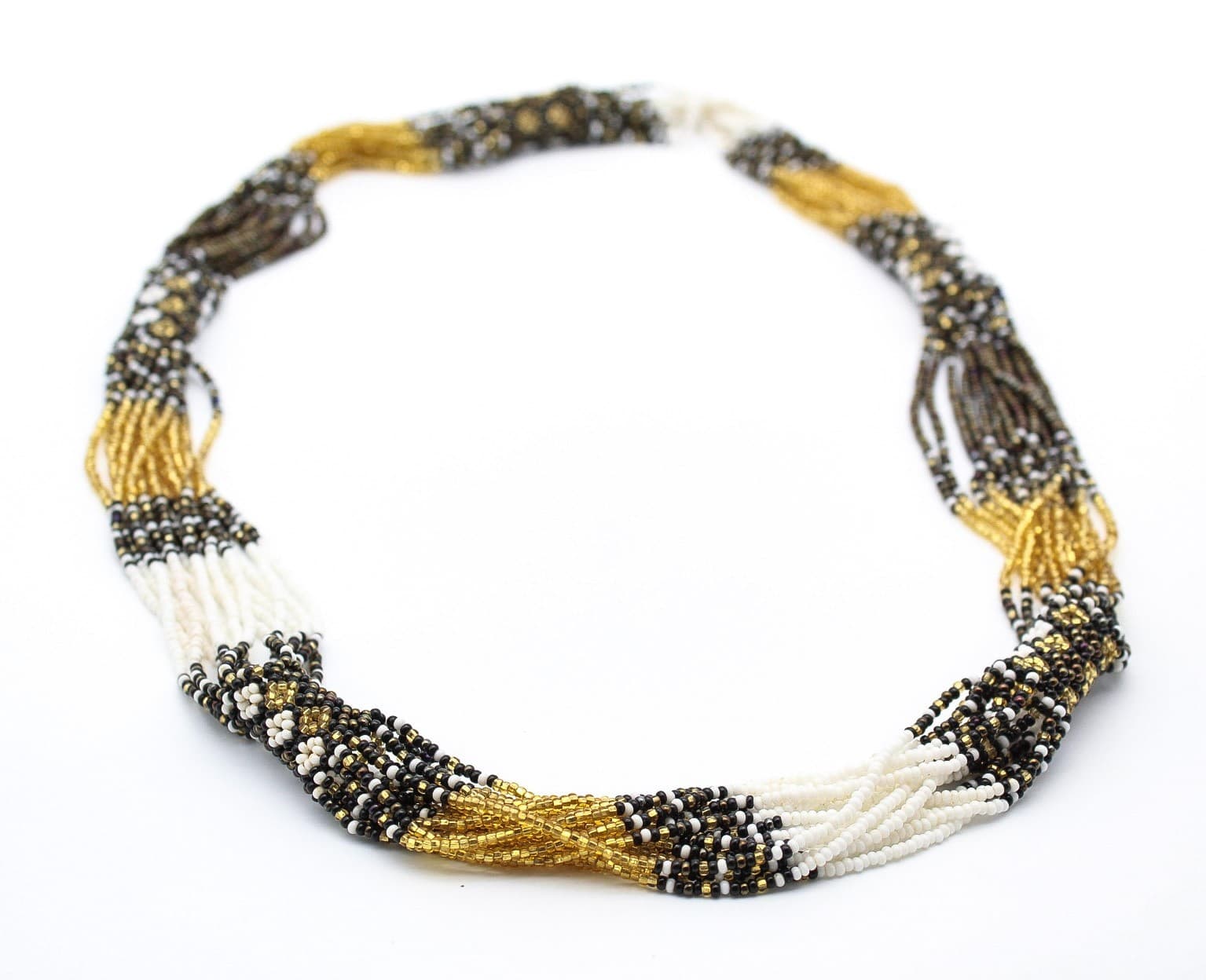 Vintage Multi-Strand Tribal Black Gold White Micro Beaded Glass Necklace - Thumbnail 3
