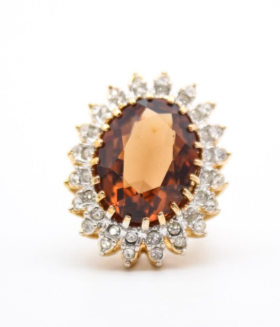 Vintage Oval Topaz Glass Crystal Halo Gold Tone Cocktail Ring Size 7 - Thumbnail 2