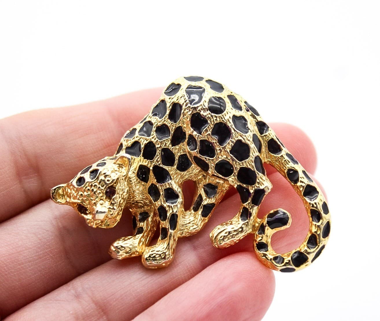 Vintage Park Lane Leopard Brooch Gold Tone Black Enamel Cheetah Pendant Pin - Thumbnail 4