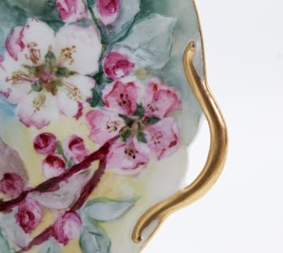 Antique Hand Painted LIMOGES France Pink Floral Gilt Handles Serving Dish - Thumbnail 2