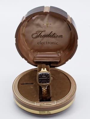 Vintage TRADITION Electronic Burgundy Dial Gold Tone Ladies Wristwatch In Box - Thumbnail 10