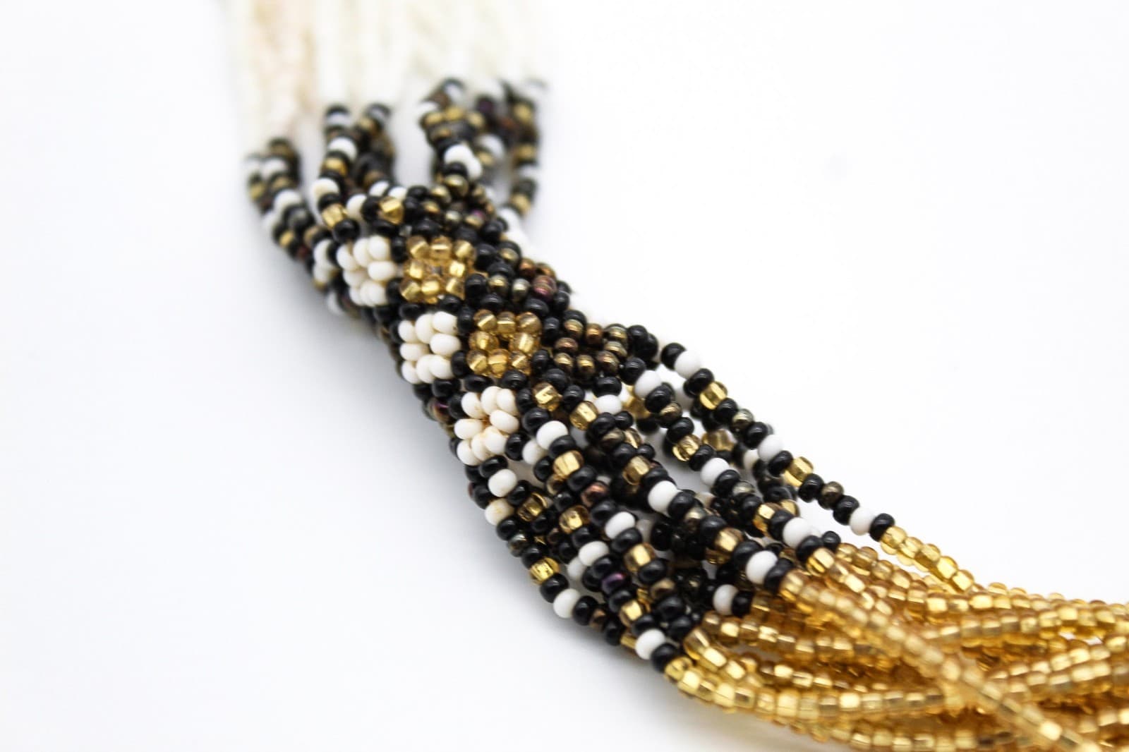 Vintage Multi-Strand Tribal Black Gold White Micro Beaded Glass Necklace - Thumbnail 4