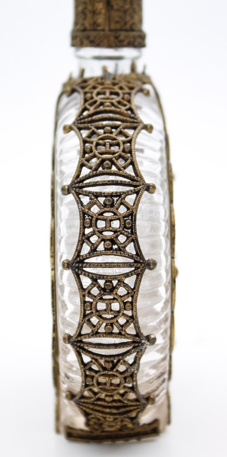 Vintage Czech Art Deco Jeweled Ormolu Filigree Glass Perfume Bottle - Thumbnail 6