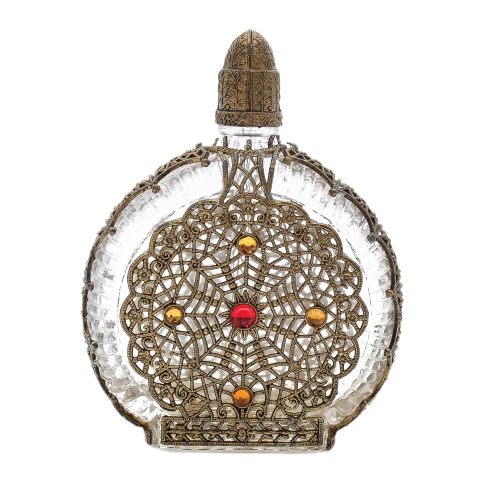Vintage Czech Art Deco Jeweled Ormolu Filigree Glass Perfume Bottle