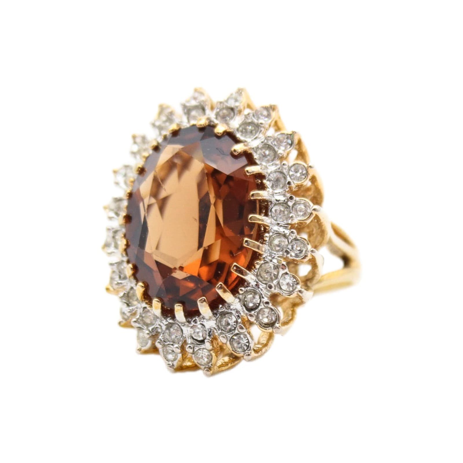 Vintage Oval Topaz Glass Crystal Halo Gold Tone Cocktail Ring Size 7 - Image 1