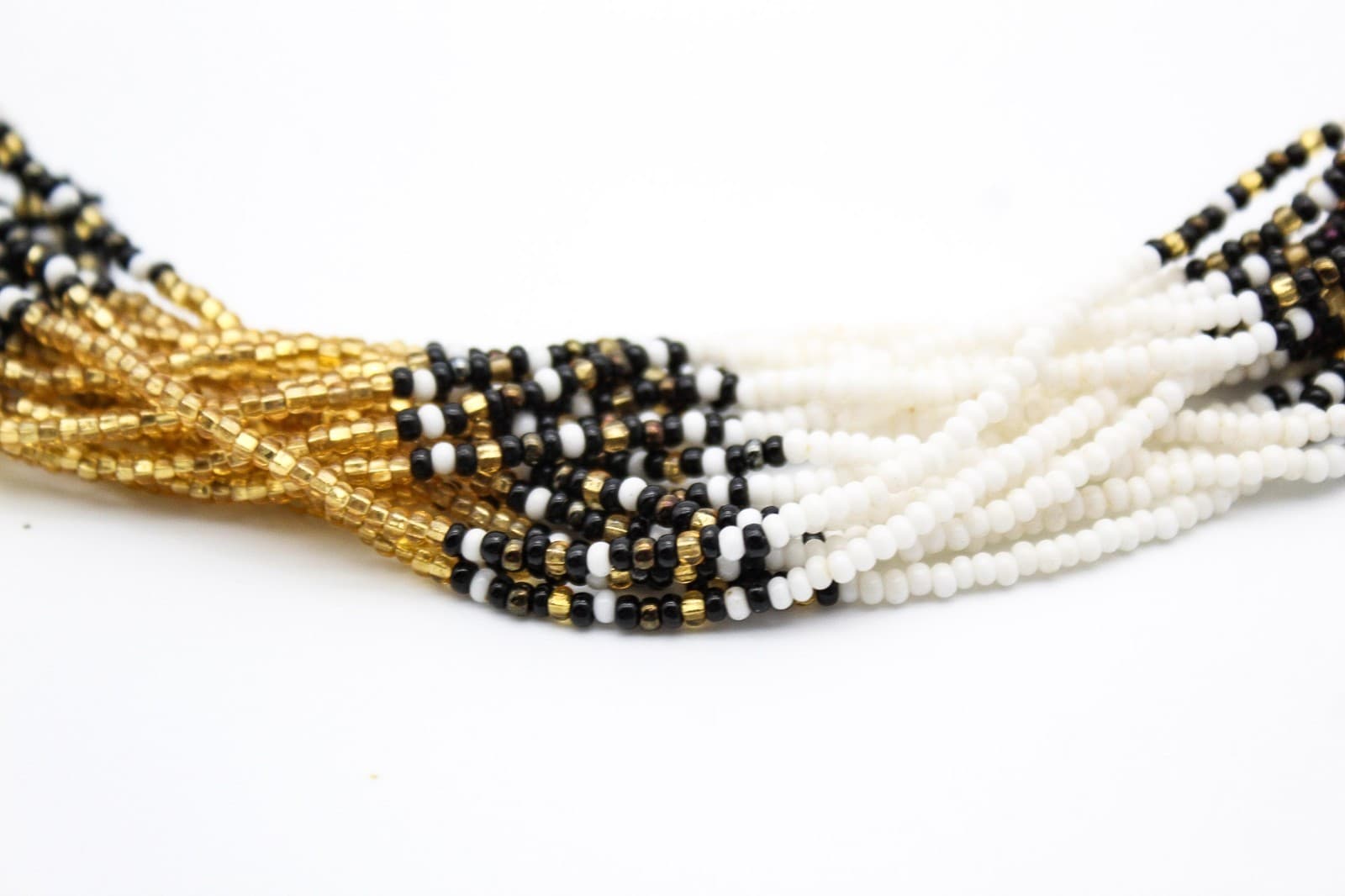 Vintage Multi-Strand Tribal Black Gold White Micro Beaded Glass Necklace - Thumbnail 5