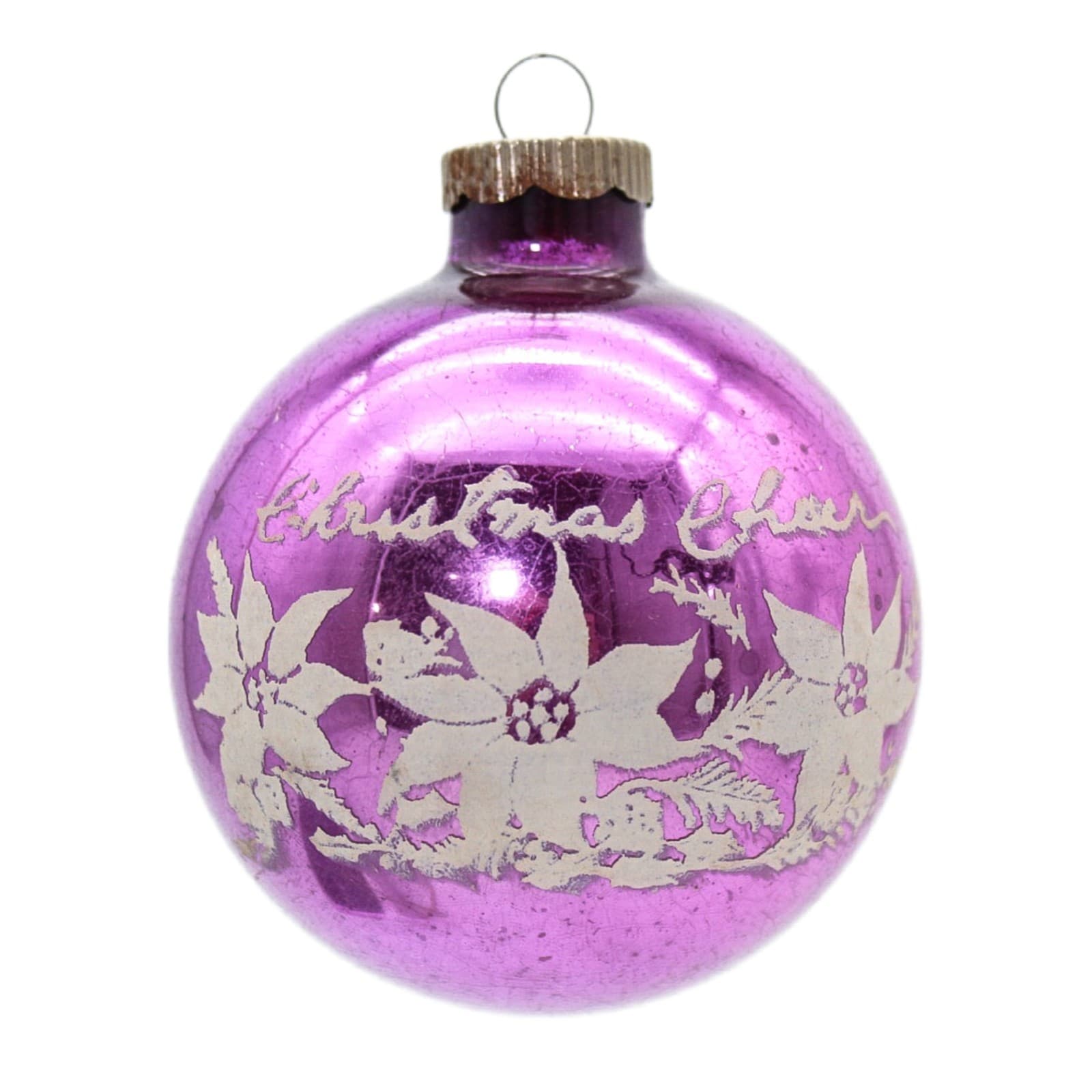 Vintage Shiny Brite Purple Christmas Cheer Poinsettia Stencil Glass Ornament - Image 1