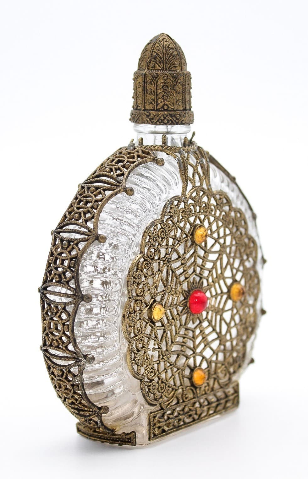 Vintage Czech Art Deco Jeweled Ormolu Filigree Glass Perfume Bottle - Thumbnail 5