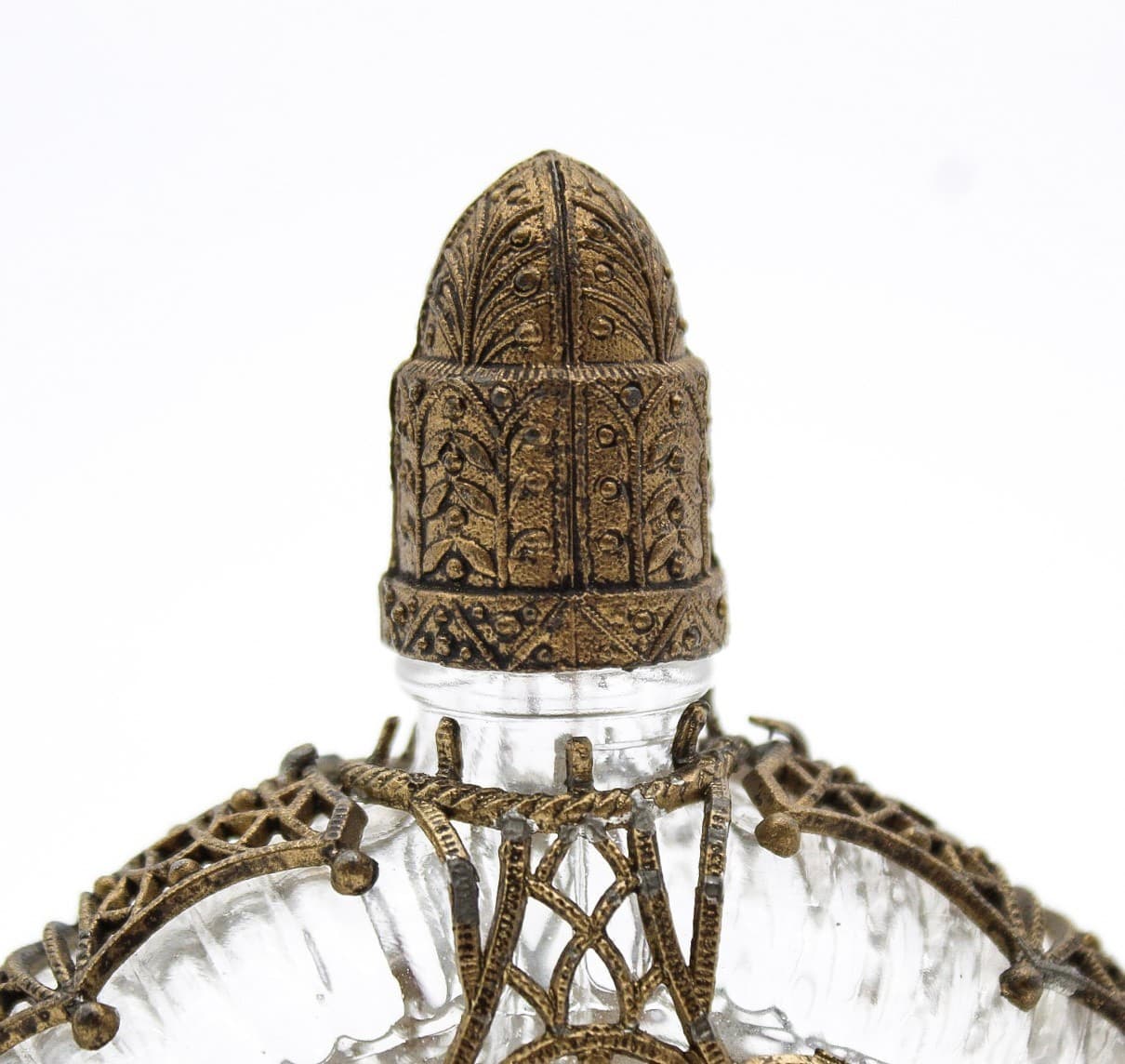 Vintage Czech Art Deco Jeweled Ormolu Filigree Glass Perfume Bottle - Thumbnail 4