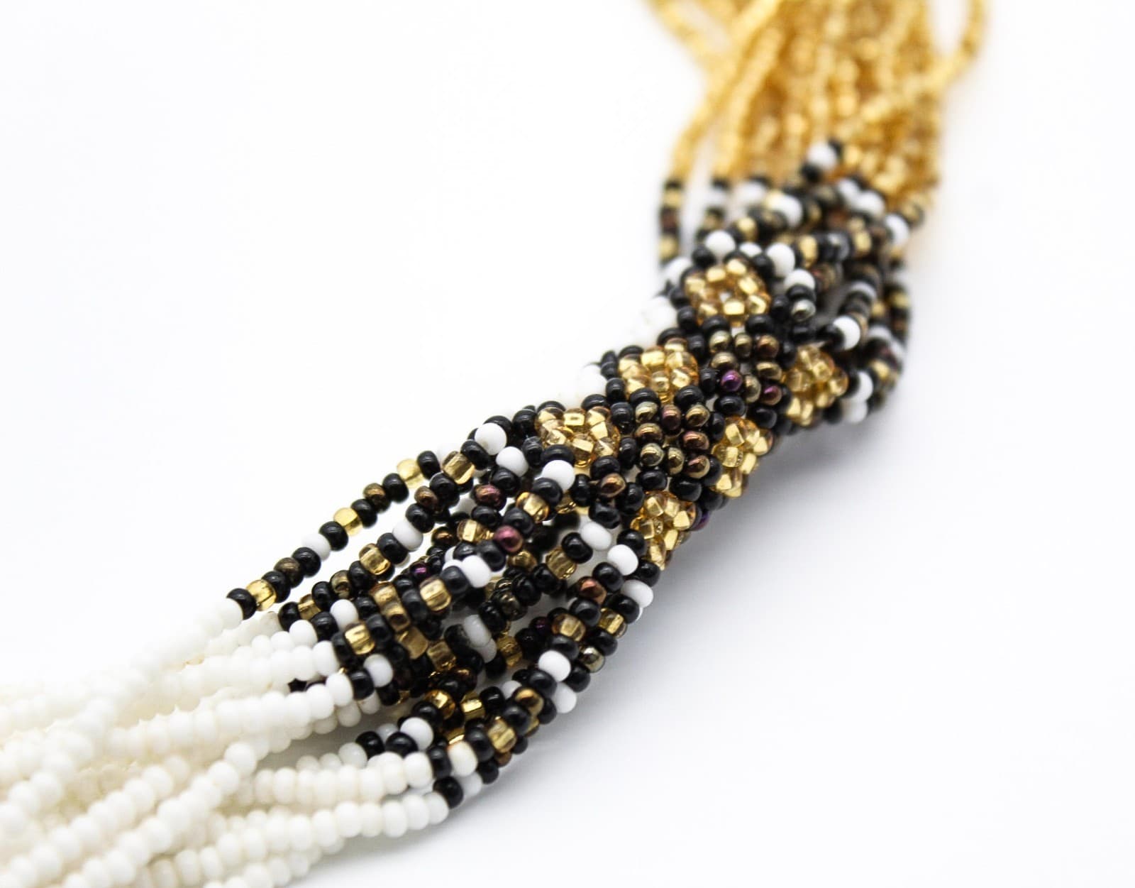Vintage Multi-Strand Tribal Black Gold White Micro Beaded Glass Necklace - Thumbnail 6