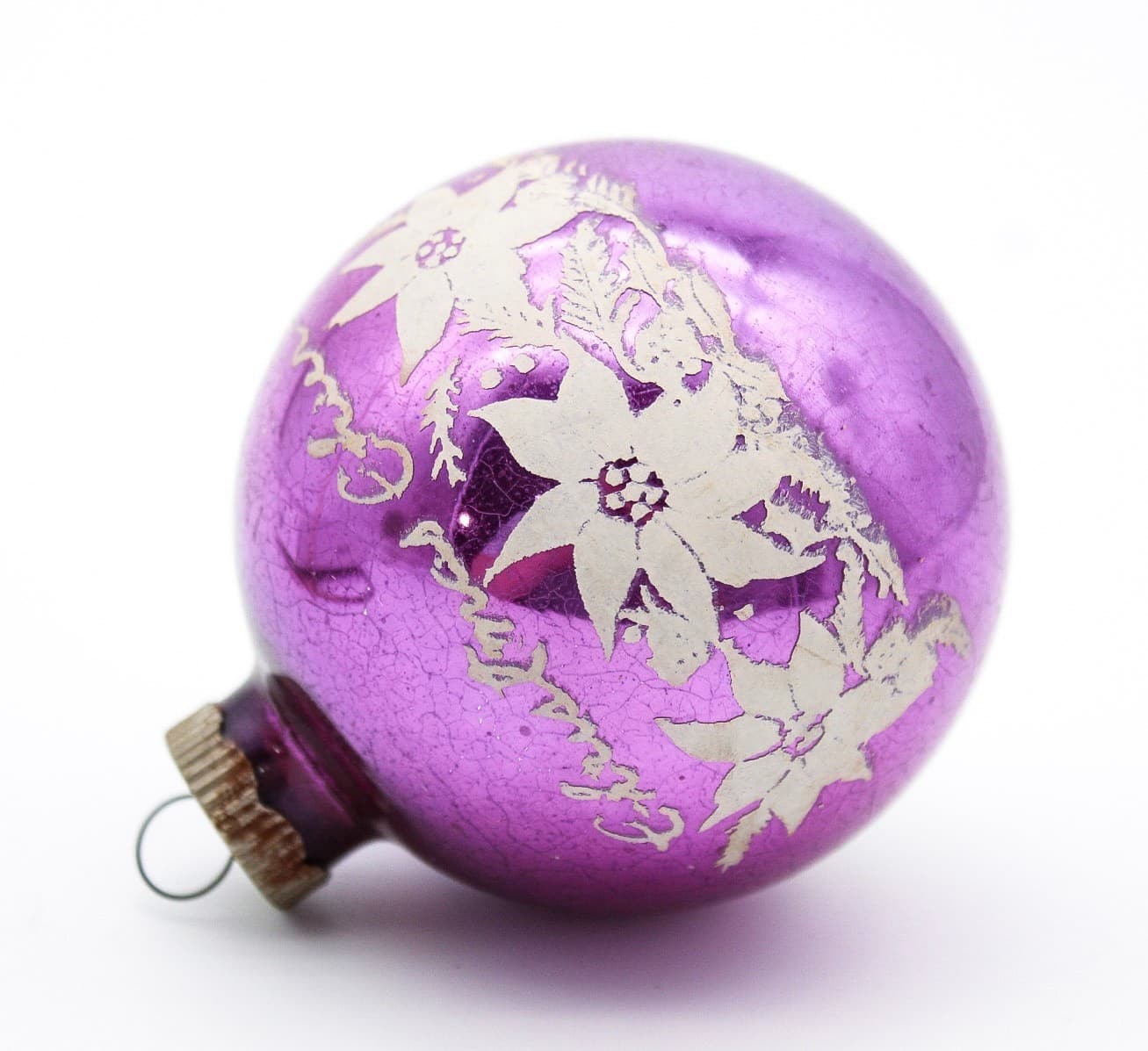 Vintage Shiny Brite Purple Christmas Cheer Poinsettia Stencil Glass Ornament - Thumbnail 7
