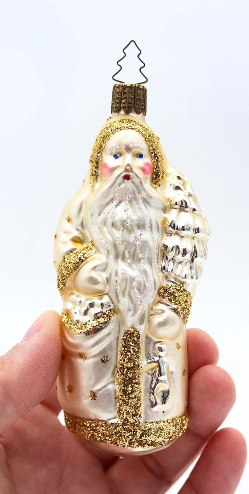 Vintage Inge-Glass Germany Santa With Tree Gold Glitter Glass Christmas Ornament - Thumbnail 2