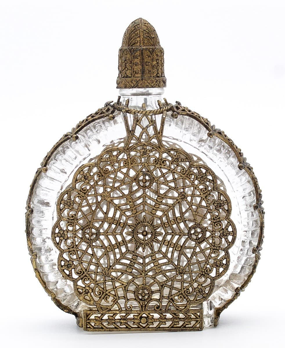 Vintage Czech Art Deco Jeweled Ormolu Filigree Glass Perfume Bottle - Thumbnail 7