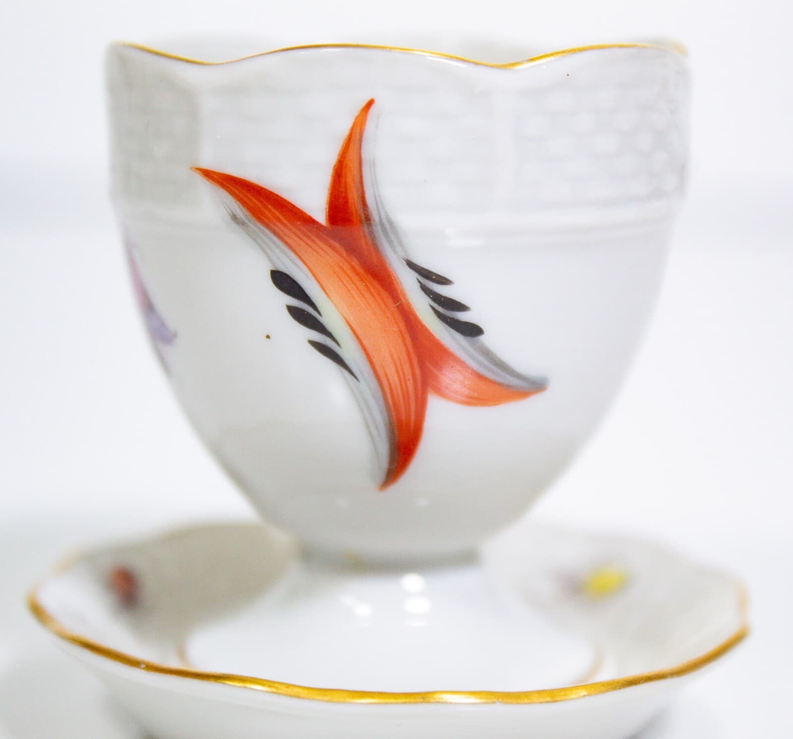 HEREND HUNGARY White Porcelain Gold Trim Fruit & Animal Design Egg Cup - Thumbnail 3