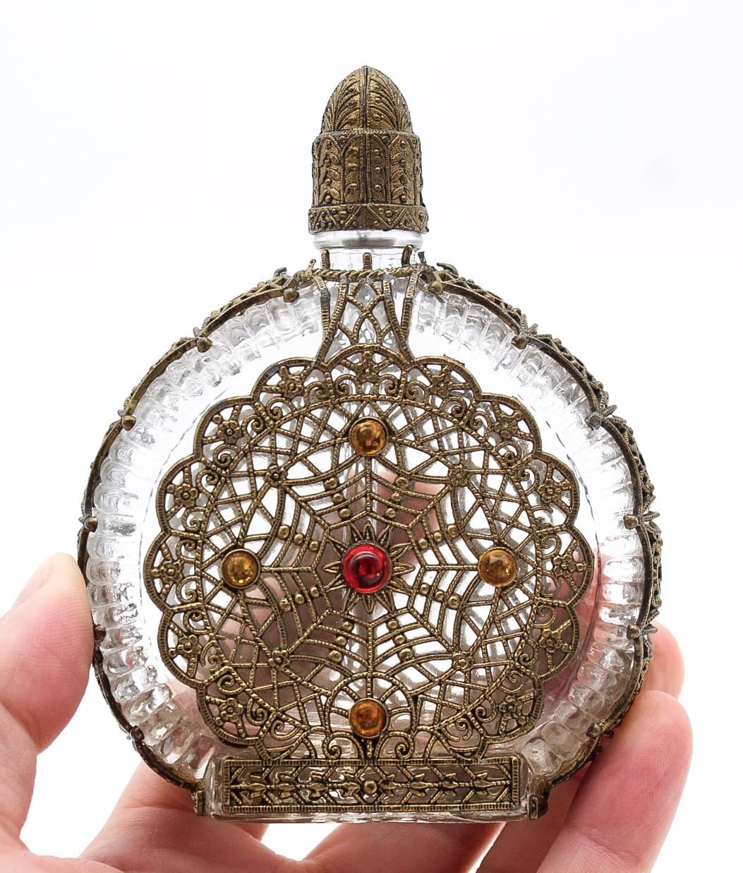 Vintage Czech Art Deco Jeweled Ormolu Filigree Glass Perfume Bottle - Thumbnail 9