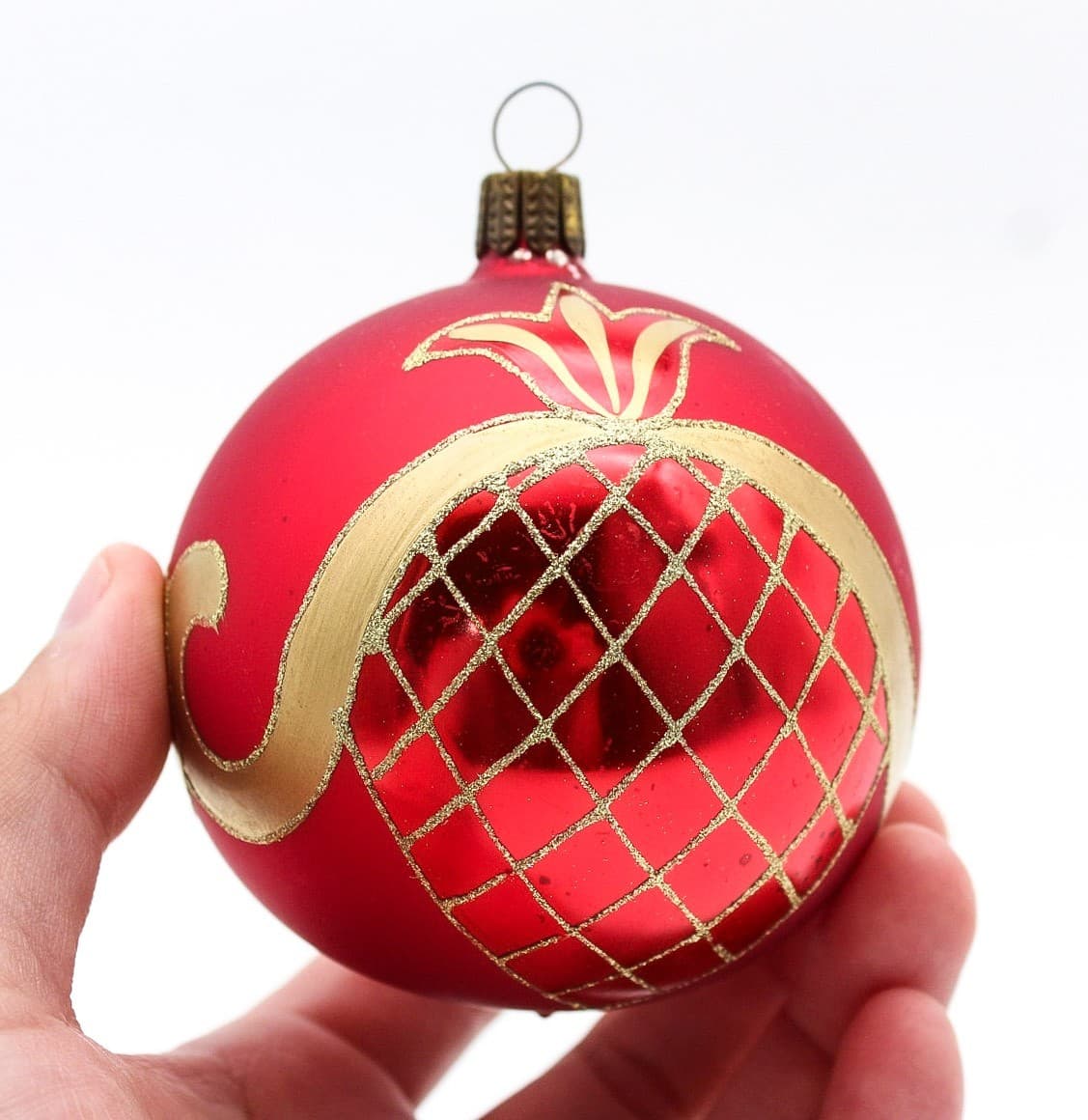 Vintage Germany Red & Gold Hand Painted Glitter Lattice Glass Christmas Ornament - Thumbnail 5