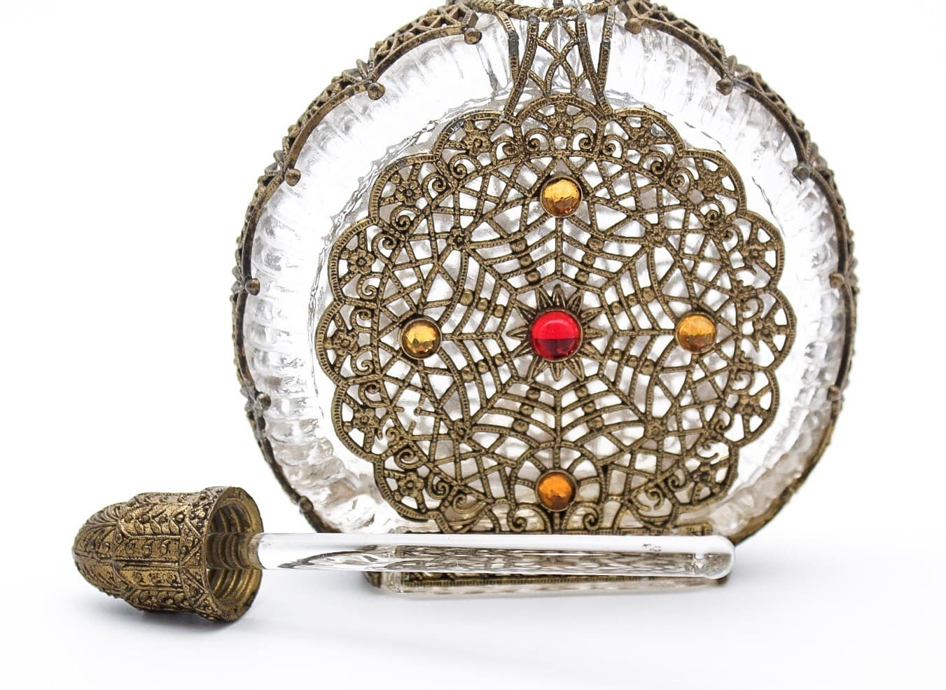 Vintage Czech Art Deco Jeweled Ormolu Filigree Glass Perfume Bottle - Thumbnail 10