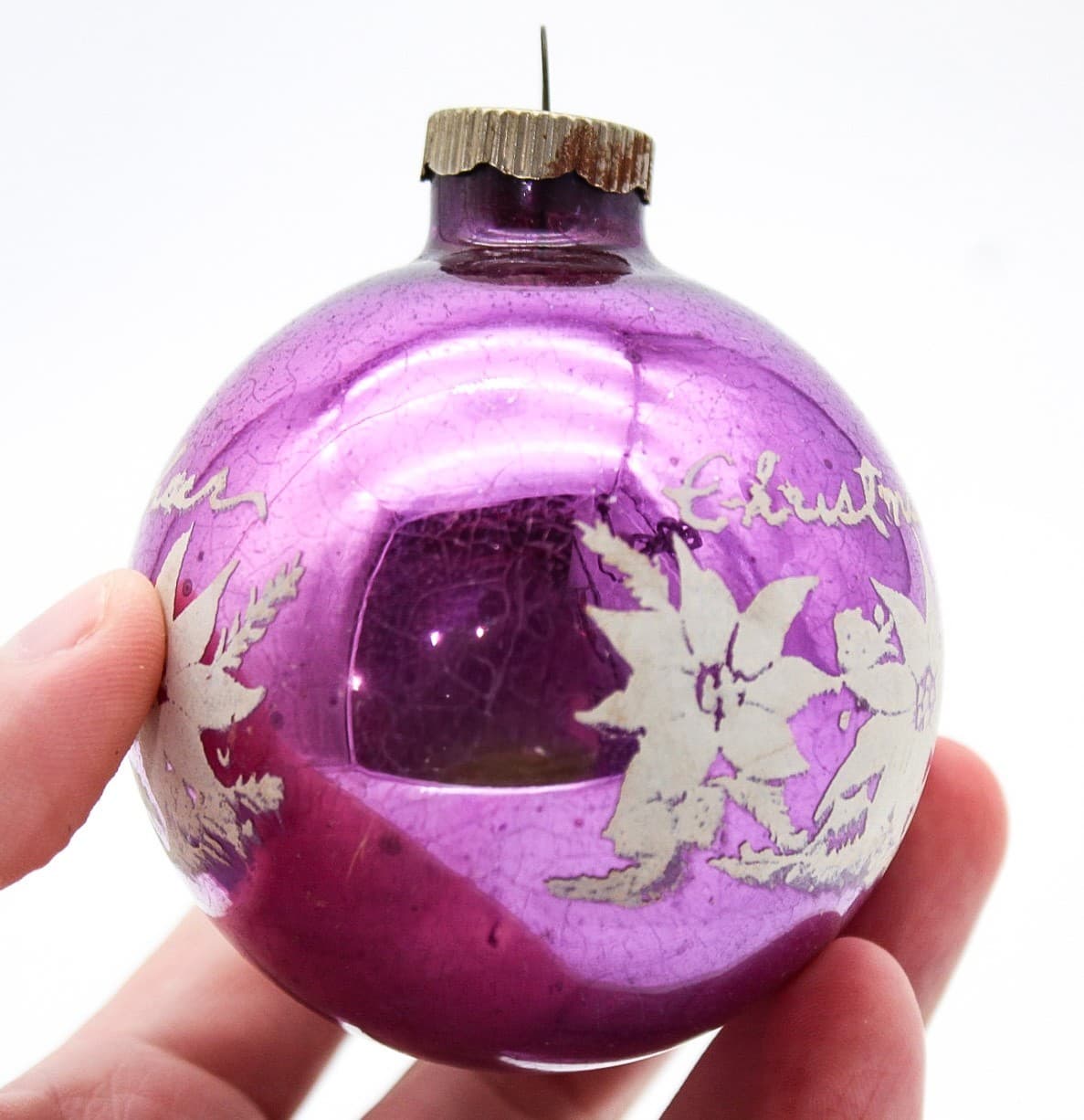 Vintage Shiny Brite Purple Christmas Cheer Poinsettia Stencil Glass Ornament - Thumbnail 3