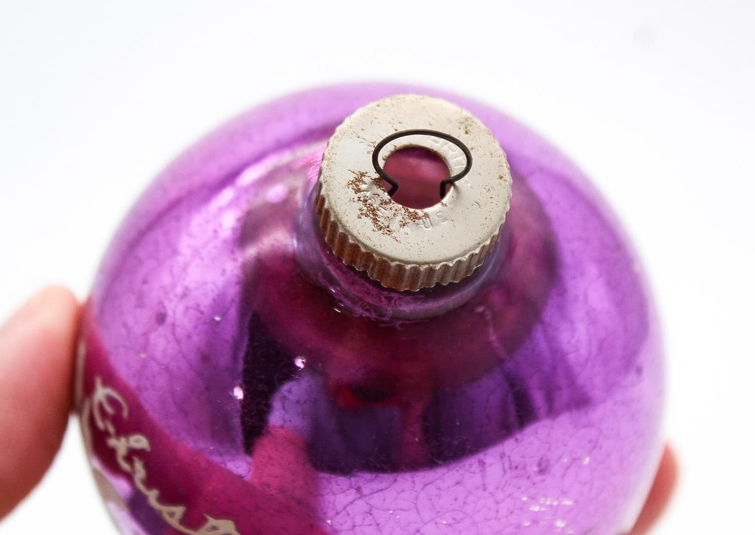 Vintage Shiny Brite Purple Christmas Cheer Poinsettia Stencil Glass Ornament - Thumbnail 5
