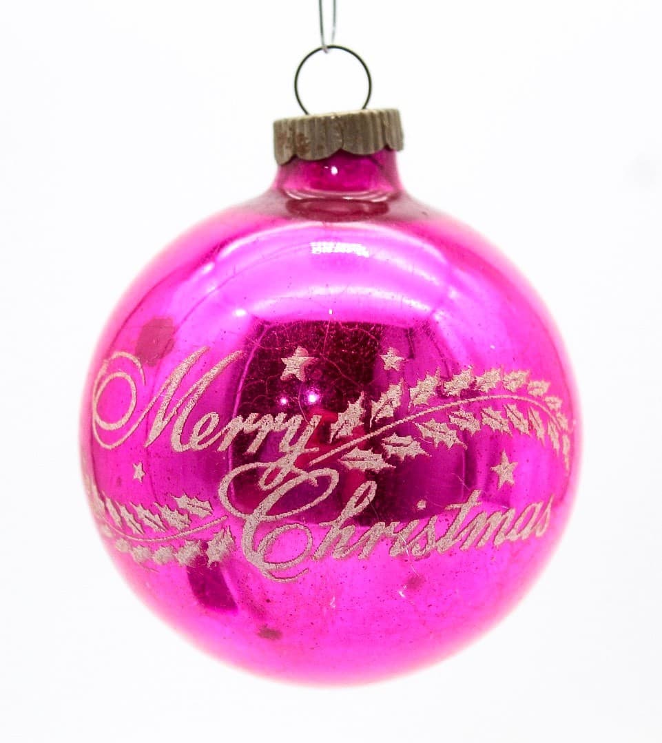 Vintage Shiny Brite Pink Merry Christmas Stencil Mercury Glass Ornament - Thumbnail 7