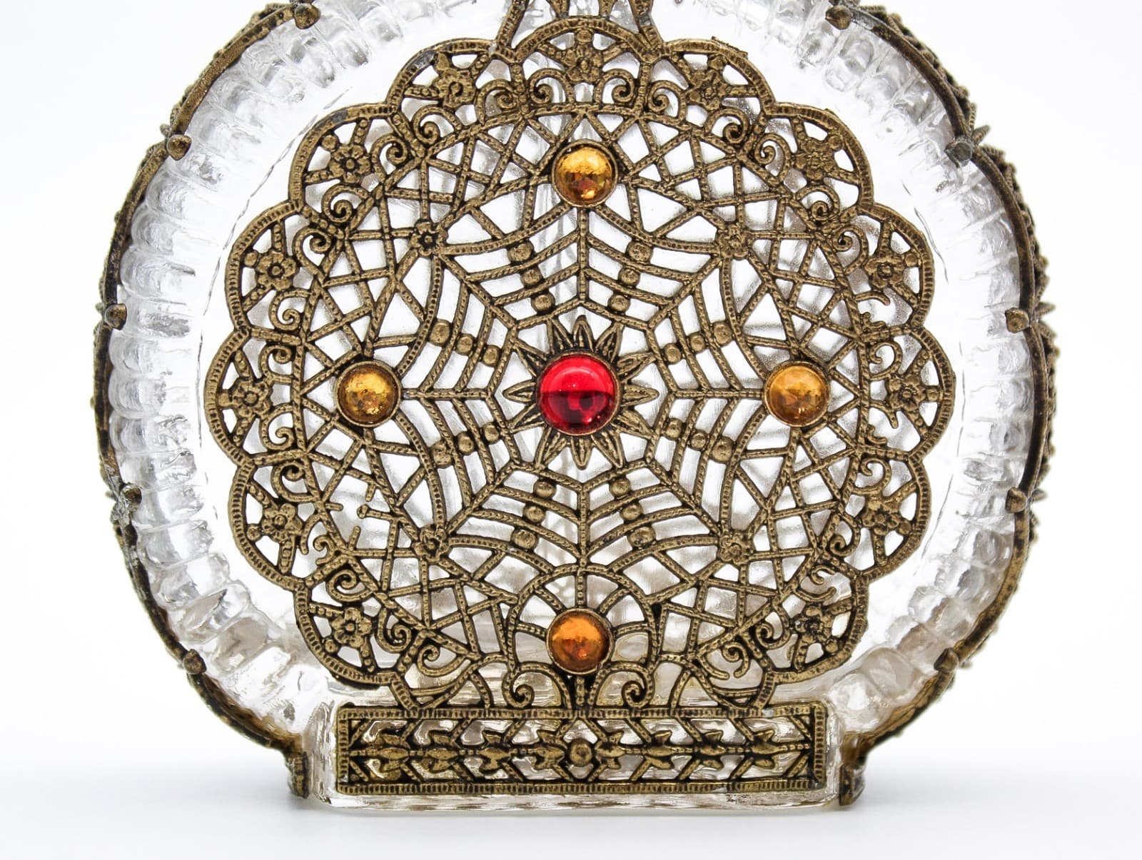 Vintage Czech Art Deco Jeweled Ormolu Filigree Glass Perfume Bottle - Thumbnail 2