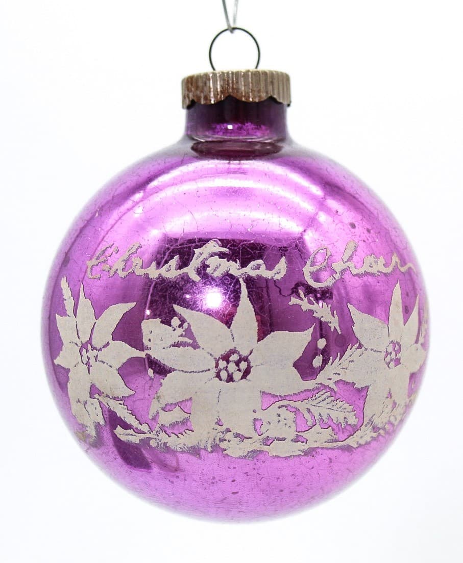 Vintage Shiny Brite Purple Christmas Cheer Poinsettia Stencil Glass Ornament - Thumbnail 8