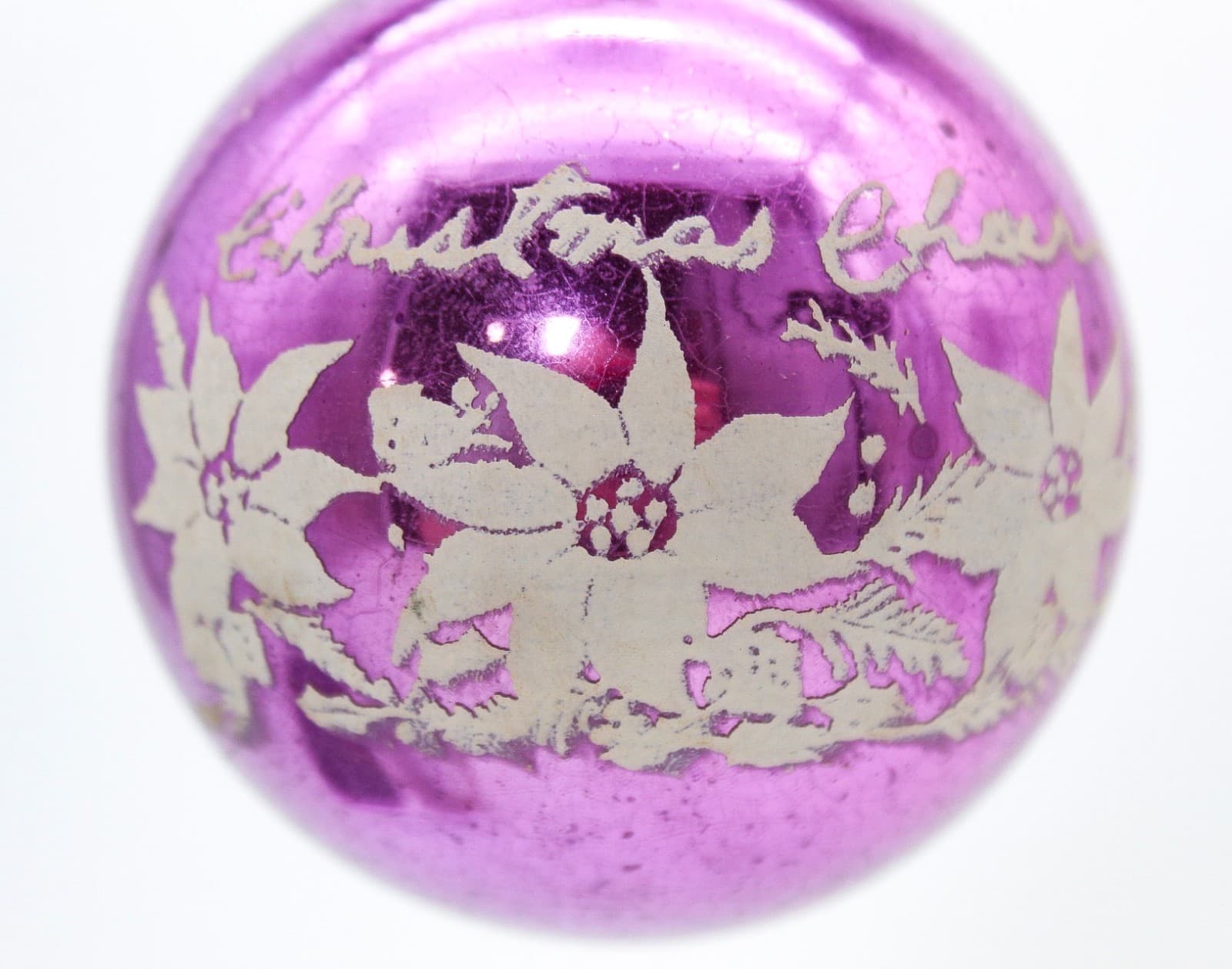Vintage Shiny Brite Purple Christmas Cheer Poinsettia Stencil Glass Ornament - Thumbnail 2