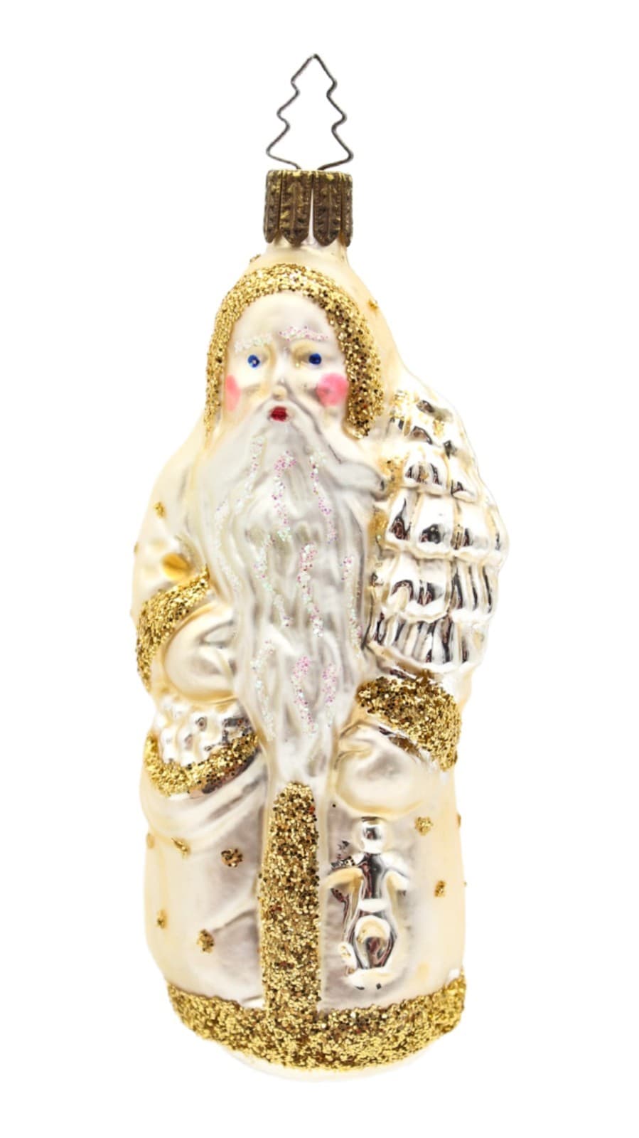 Vintage Inge-Glass Germany Santa With Tree Gold Glitter Glass Christmas Ornament - Image 1