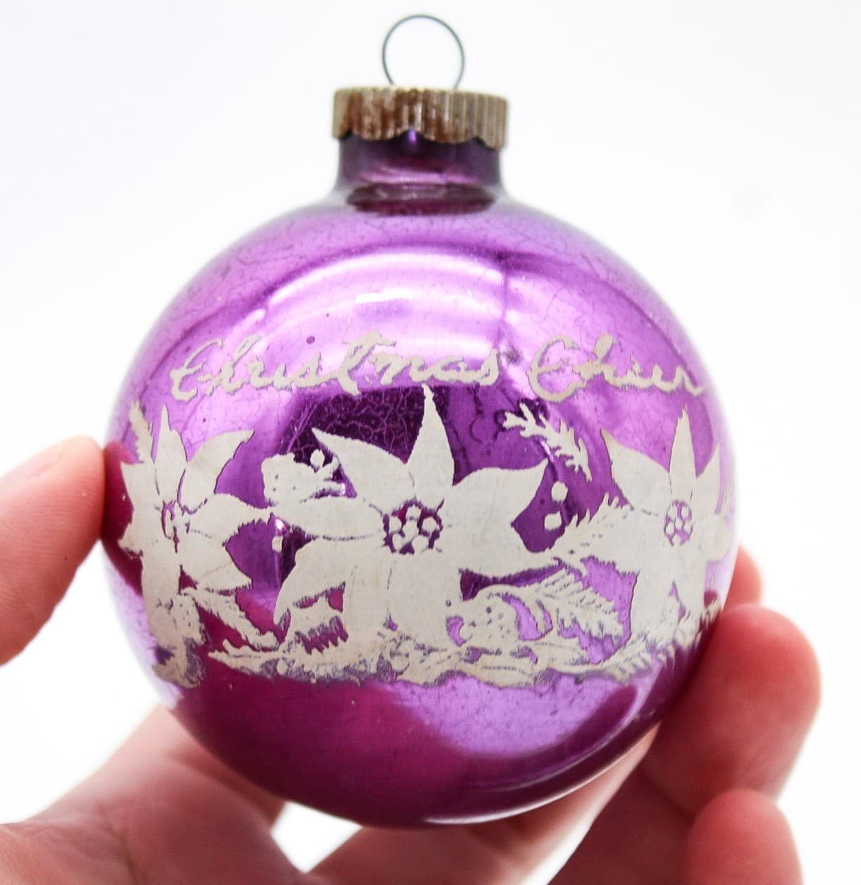 Vintage Shiny Brite Purple Christmas Cheer Poinsettia Stencil Glass Ornament - Thumbnail 4