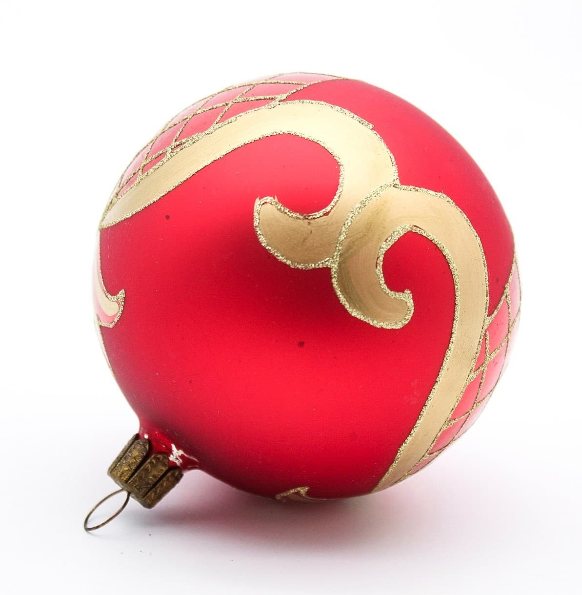 Vintage Germany Red & Gold Hand Painted Glitter Lattice Glass Christmas Ornament - Thumbnail 7