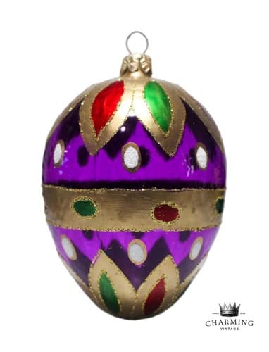 Vintage Glass Glitter Large Egg Hand Painted Poland Christmas Ornament - Image 1