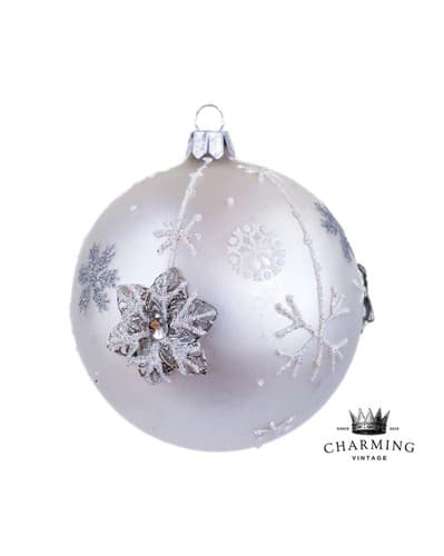 Vintage White Round Glitter Snowflake Hand Painted Glass Christmas Ornament - Image 1