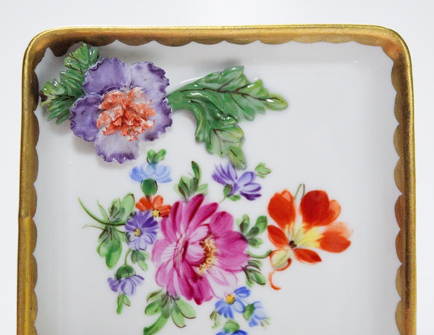 DRESDEN Germany Hand Painted High Relief Floral Motif Porcelain Serving Dish - Thumbnail 3