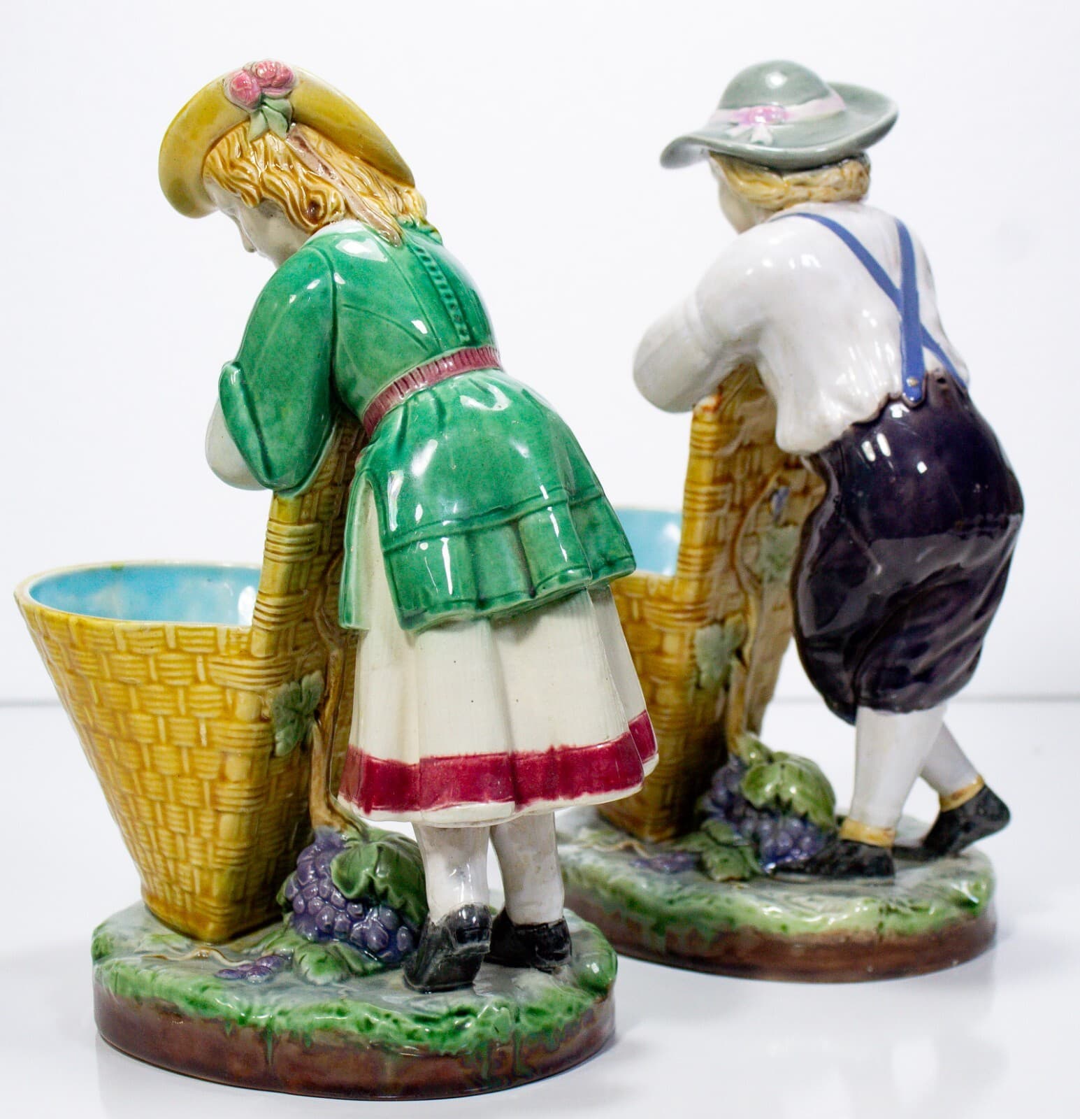 Set of 2 MINTON MAJOLICA Boy And Girl Planters With Basket Flower Holder Figures - Thumbnail 2