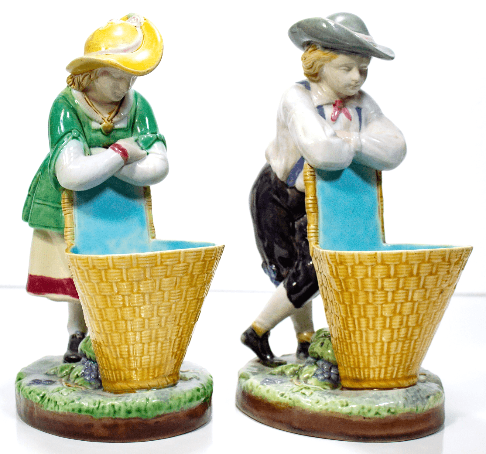 Set of 2 MINTON MAJOLICA Boy And Girl Planters With Basket Flower Holder Figures - Image 1