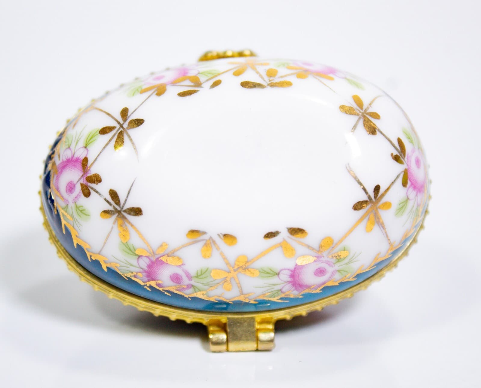 Vintage Egg Shape Pink Roses Gold Accents & Blue Trim Porcelain Trinket Box - Thumbnail 4