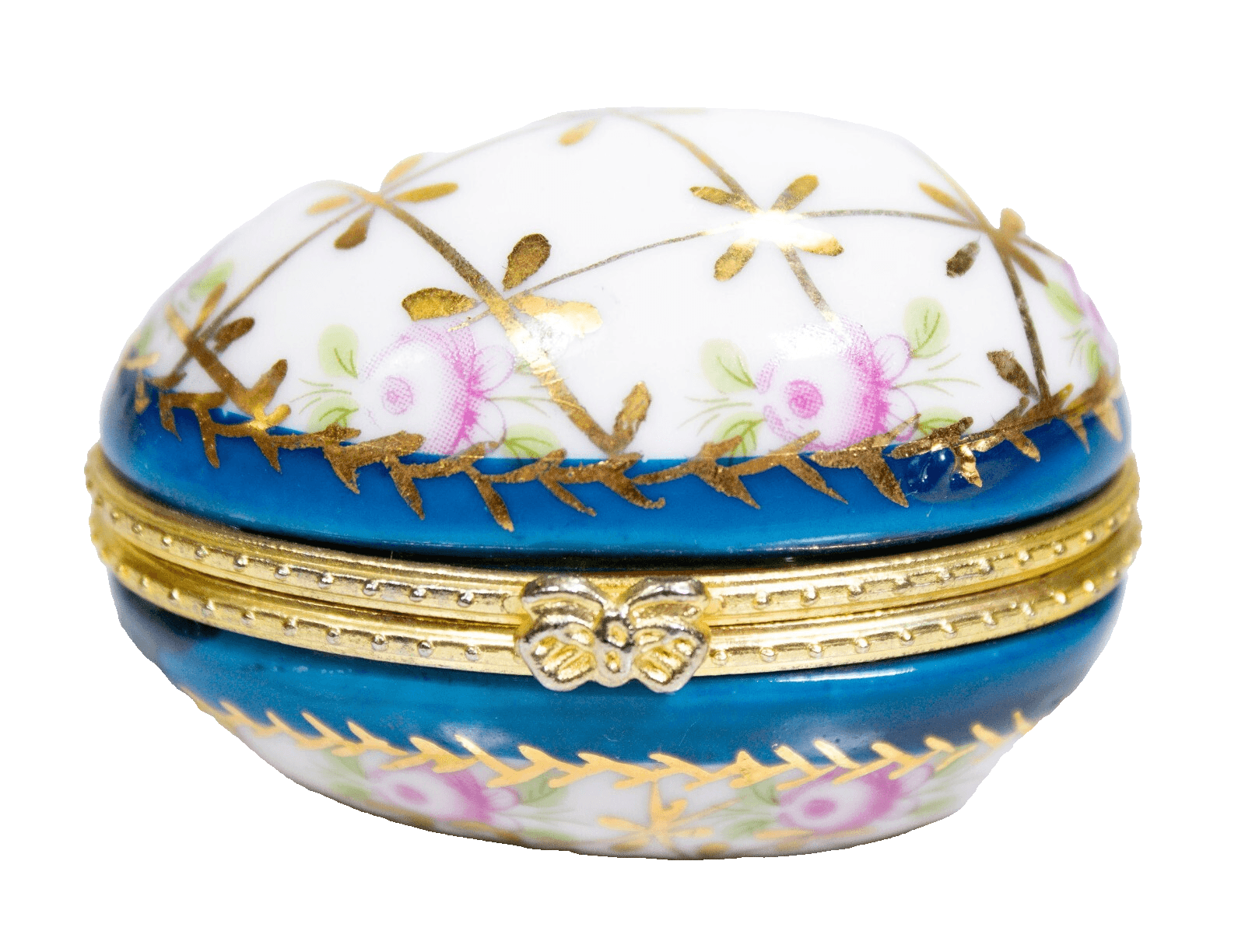 Vintage Egg Shape Pink Roses Gold Accents & Blue Trim Porcelain Trinket Box - Image 1