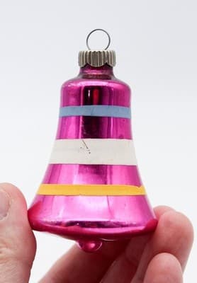 Shiny Brite Pink Stencil Striped Multicolor Bell Glass Christmas Ornament - Thumbnail 3