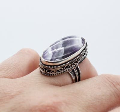 Vintage Sterling Silver 925 Natural Lace Amethyst Oval Cocktail Ring Size 8 - Thumbnail 6